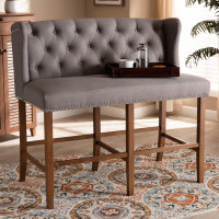 Baxton Studio BBT5349-Grey/Walnut-Bench Alira Modern and Contemporary Grey Fabric Upholstered Walnut Finished Wood Button Tufted Bar Stool Bench